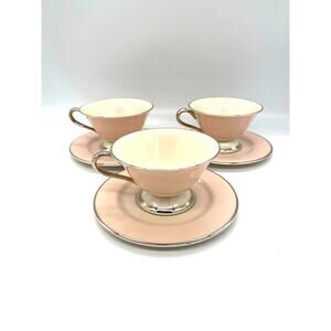 Vintage Colonial Fine China Porcelain Pink & White Set of 3 Cups & Saucers